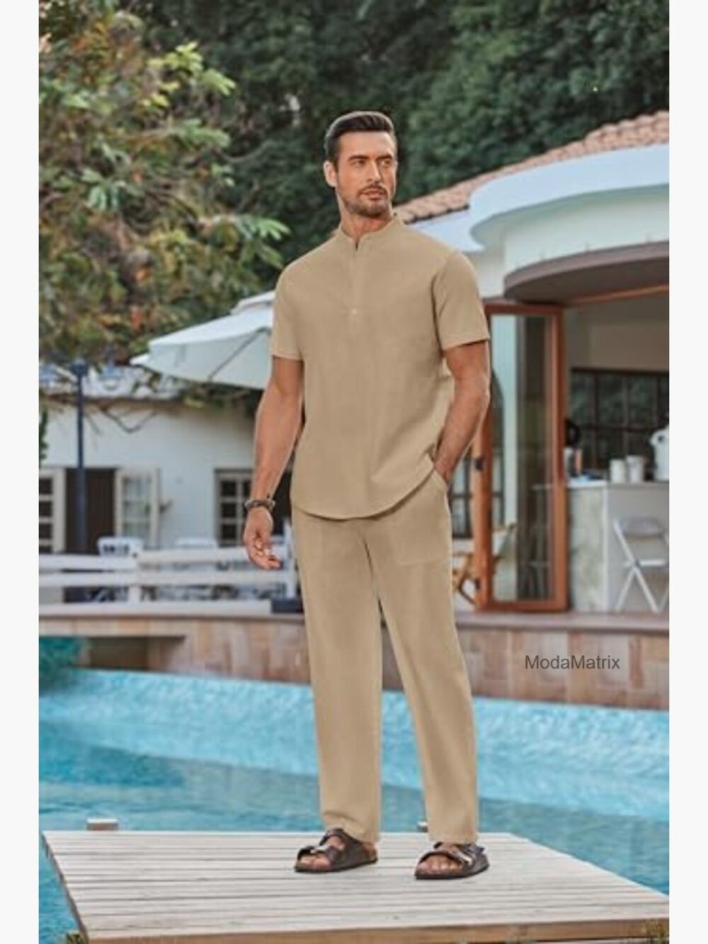 Men's 2 Piece Cotton Henley Short Sleeve Shirt and Pants Set Summer Outfit - Picture 6 of 7